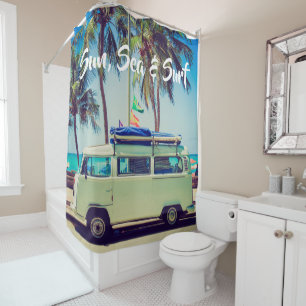 Custom, vintage beach camper bus and palm trees: