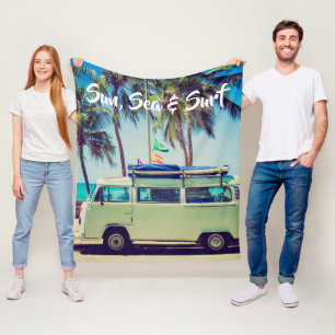 Custom, vintage beach camper bus and palm trees: fleece blanket