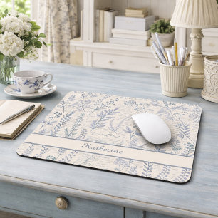 Custom Vintage Blue Wildflower French Toile Mouse Pad