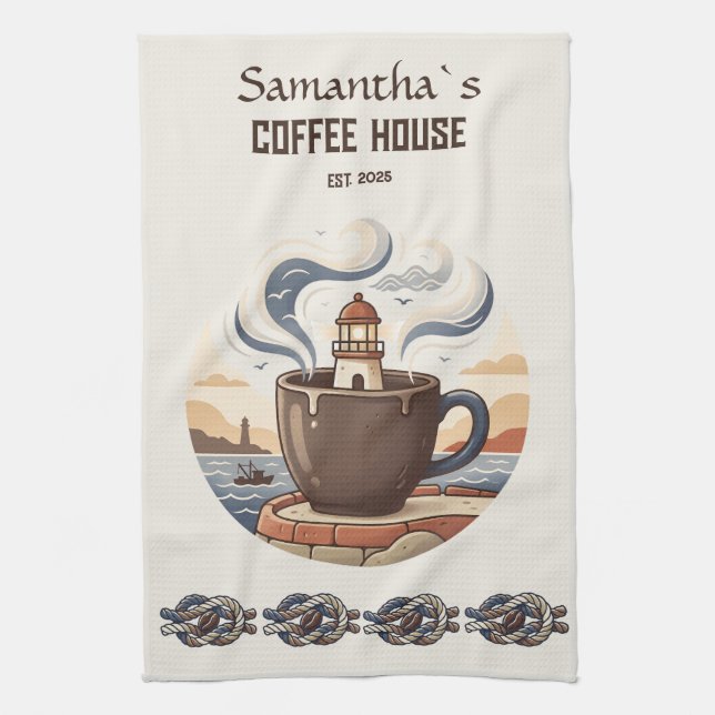 Custom Vintage Coastal Cafe Merch Kitchen Towel (Vertical)