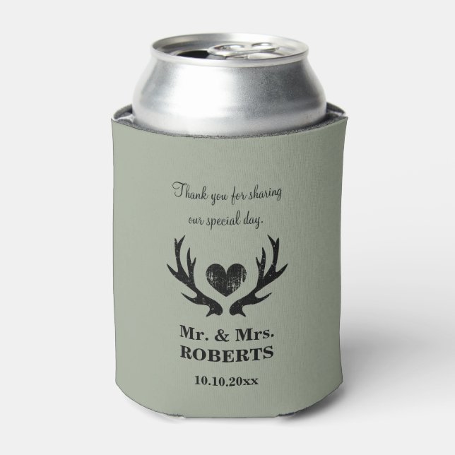 Custom vintage deer antler wedding can coolers (Can Front)