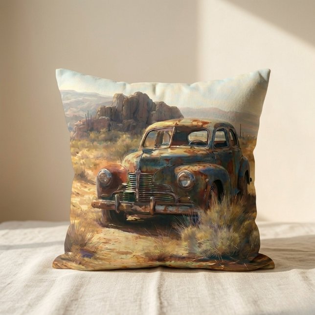Custom Vintage Desert Car Rustic Painting Throw Pillow (Creator Uploaded)