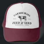 Custom Vintage Farmhouse Style Feed Trucker Hat<br><div class="desc">Classic typography and a vintage dairy cow etching help to create your own vintage feed and seed farm style logo trucker hat. Personalize the arched name text,  the year and location for a truly one of a kind gift to the serious or hobby farmer in your life.</div>