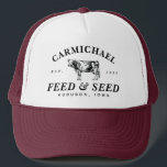 Custom Vintage Farmhouse Style Feed Trucker Hat<br><div class="desc">Classic typography and a vintage dairy cow etching help to create your own vintage feed and seed farm style logo trucker hat. Personalize the arched name text,  the year and location for a truly one of a kind gift to the serious or hobby farmer in your life.</div>