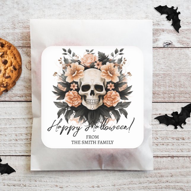 Custom Vintage Floral Skull Square Sticker (Easily personalize these spooky Halloween stickers with just a few clicks.)