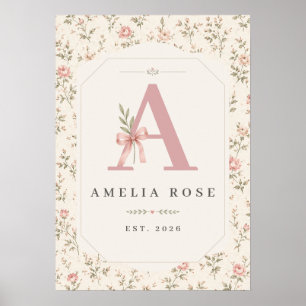Custom vintage initial wall art print for nursery