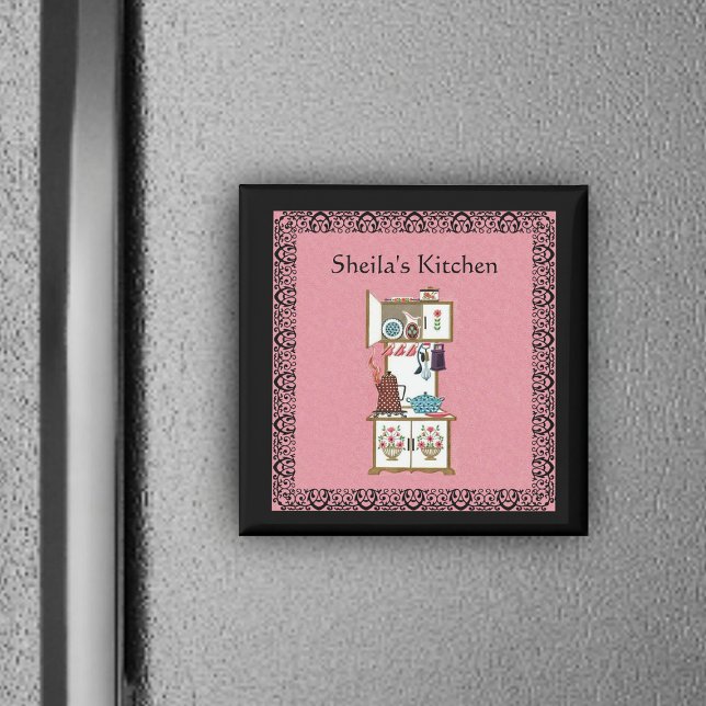 Custom Vintage Kitchen Magnet (Vintage white cooking stove flowers in fancy black frame on pink kitchen magnet.)