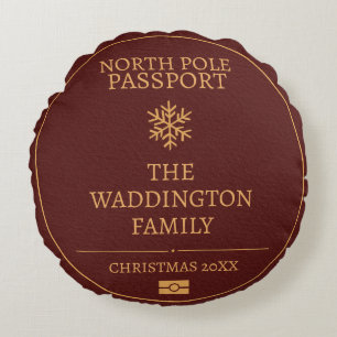 Custom Vintage Passport Style Gold Red Christmas Round Pillow