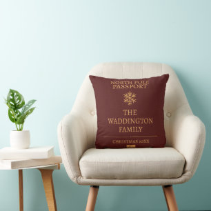 Custom Vintage Passport Style Gold Red Christmas Throw Pillow