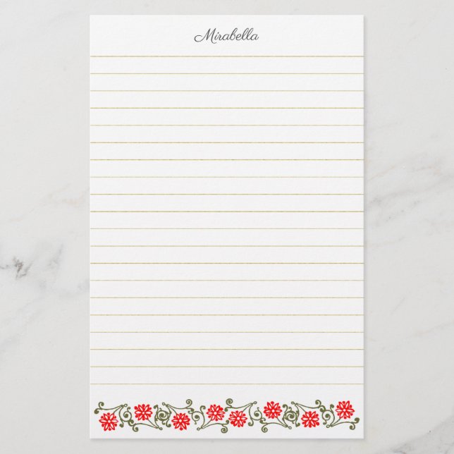Custom Vintage Red Daisy and Gold Lined Stationery (Front)