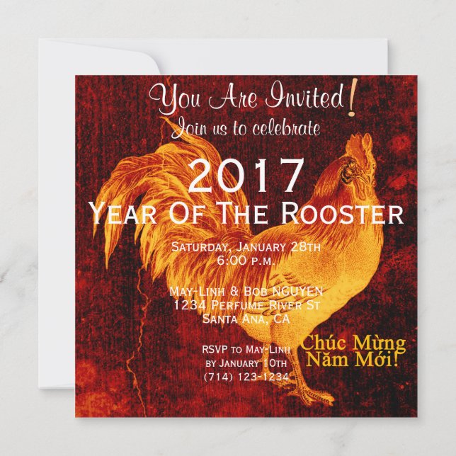Custom Vintage Rooster Vietnamese New Year 2017 Invitation (Back)