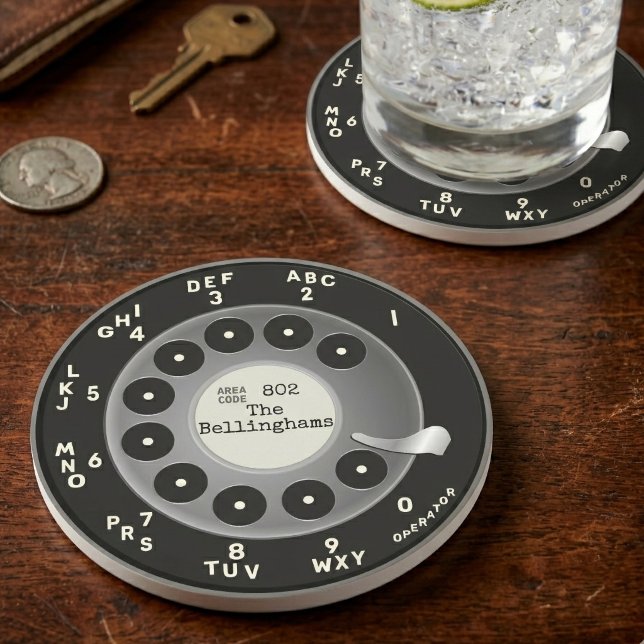 Custom Vintage Rotary Phone Dial Sandstone Coaster (Customize this retro rotary phone dial coaster with your area code and name or custom text. )