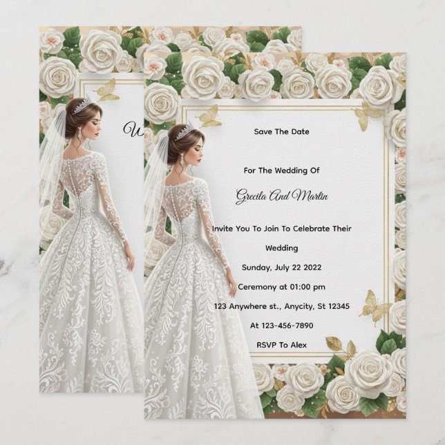 Custom Vintage Royal Wedding Invitation Beige Rose (Front/Back)