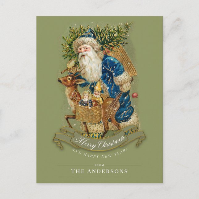 Custom Vintage Santa Claus Deer Christmas Postcard (Front)