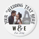 Custom Vintage Text Fridge Magnet Wedding Favours<br><div class="desc">Custom printed, personalized TRADITIONAL VINTAGE font template ROUND Photo Fridge Magnet wedding favours. Template personalised on front of photo fridge magnet, available in 3 sizes: 1.25", 2.25" and 3" diameter. UPPER TEXT - main wedding statement. Replace IMAGE with your wedding couple, engagement, wedding photo. LOWER TEXT - The monogram template...</div>
