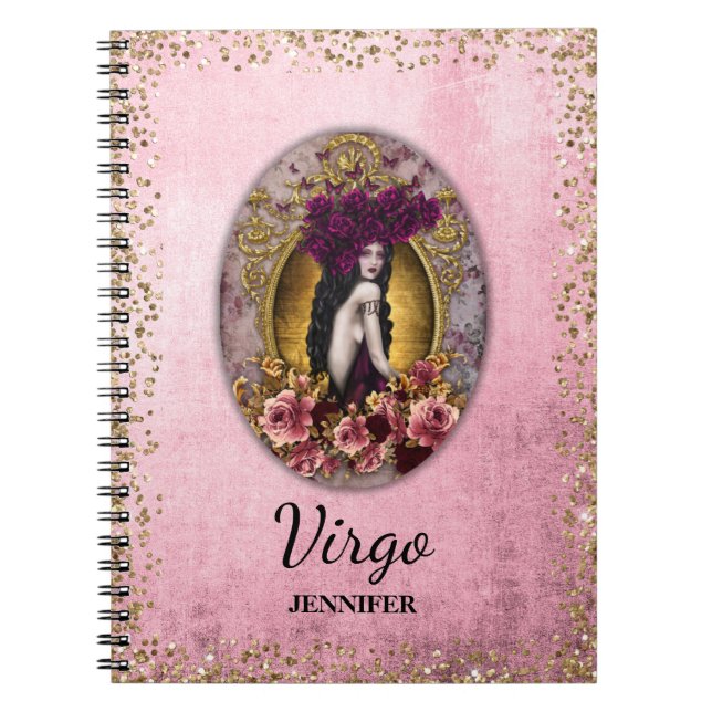 Custom Vintage Virgo Pink Gold Glitter Notebook (Front)
