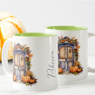 Custom Vintage Watercolor Pumpkin Door Fall Leaves Two-Tone Coffee Mug