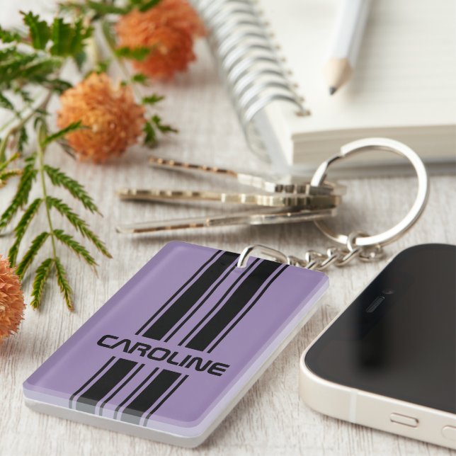 Custom Violet Purple Black Auto Race Sport Stripe Keychain (Front Right)