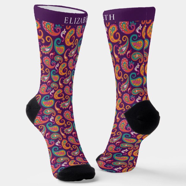 Custom Violet Purple Multicolor Paisley Pattern Socks (Angled)