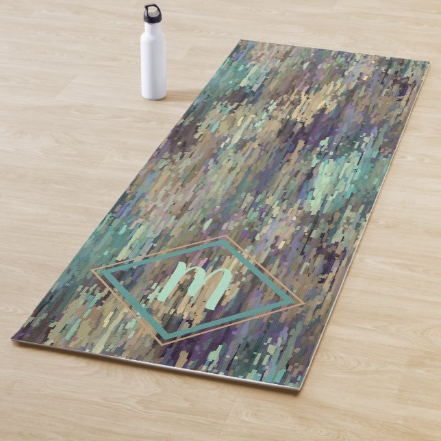 Custom Violet Purple Taupe Teal Stripes Art Yoga Mat (In Situ)