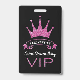 Custom VIP Pink Glitter Girly Sweet Sixteen Badge