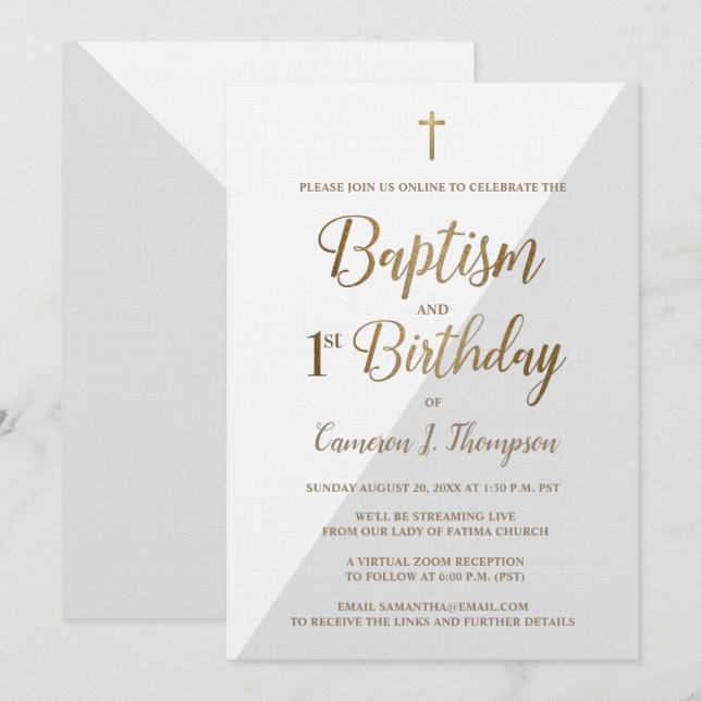 Custom virtual Gold baptism and first birthday Invitation (Front/Back)