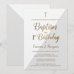 Custom virtual Gold baptism and first birthday Invitation