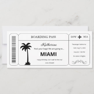 Custom Voucher, Miami Trip Boarding Pass Ticket Invitation