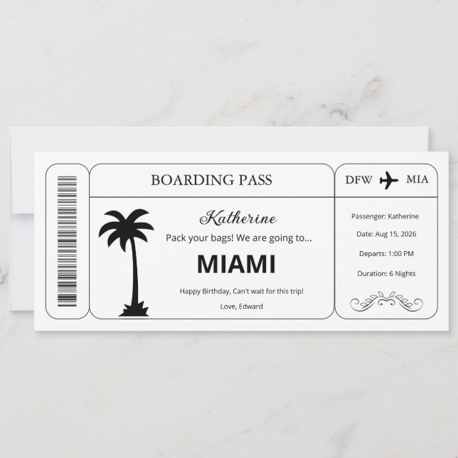 Custom Voucher, Miami Trip Boarding Pass Ticket Invitation (Front)