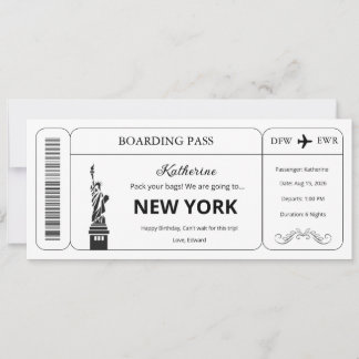 Custom Voucher, New York Trip Boarding Pass Ticket Invitation