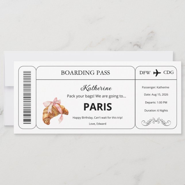Custom Voucher, Paris Trip Boarding Pass Ticket Invitation (Front)