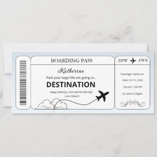 Custom Voucher, Surprise Trip Boarding Pass Ticket Invitation