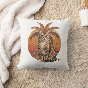 Custom "W" Embroidered Cat & Palm Tree Sunset Throw Pillow