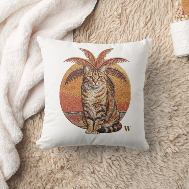 Custom "W" Embroidered Cat & Palm Tree Sunset  Throw Pillow (Blanket)
