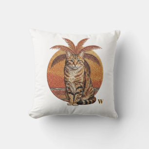 Custom "W" Embroidered Cat & Palm Tree Sunset  Throw Pillow