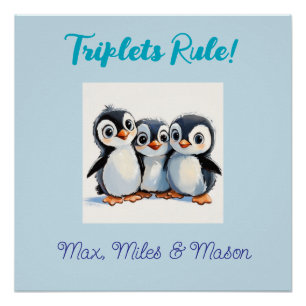 Custom Wall Poster For Triplets, Cute Penguins