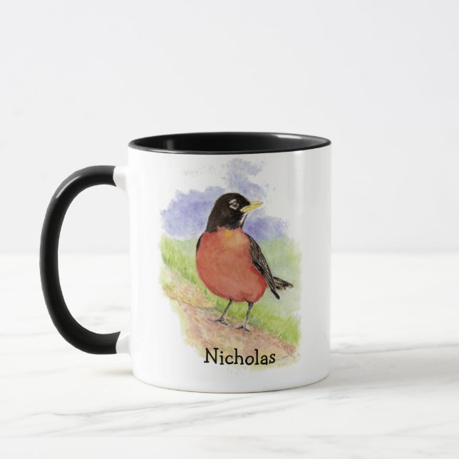 Custom Watercolor American Robin Garden Bird  Mug (Left)