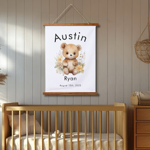 Custom Watercolor Baby Bear Name & Birthdate Wall  Hanging Tapestry