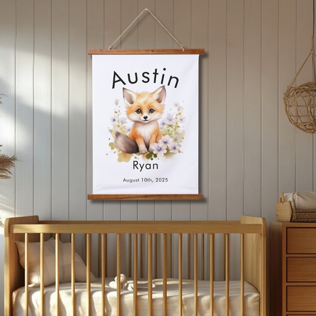 Custom Watercolor Baby Fox Name & Birthdate Wall  Hanging Tapestry (Creator Uploaded)