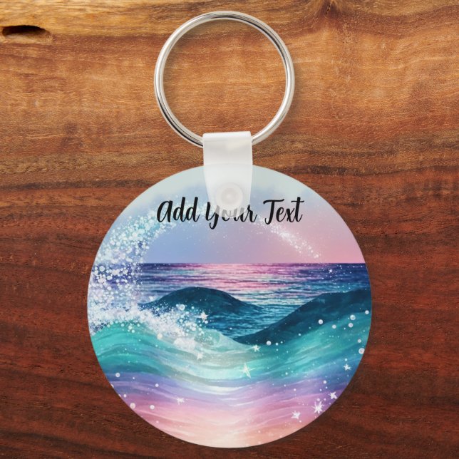 Custom Watercolor Blue Ocean Wave Photo with Name Keychain (Front)
