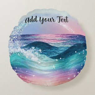 Custom Watercolor Blue Ocean Wave Photo with Name Round Pillow