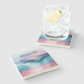 Custom Watercolor Blue Ocean Wave Photo with Name Stone Coaster