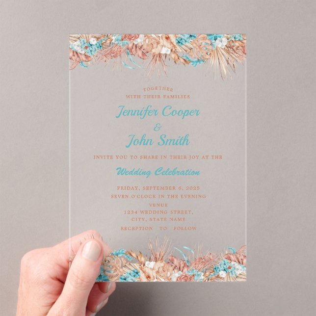 Custom Watercolor Boho Terracotta Floral Wedding Acrylic Invitations (Insitu (Handheld))