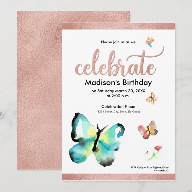 Custom watercolor butterfly faux rosegold birthday invitation (Front/Back)