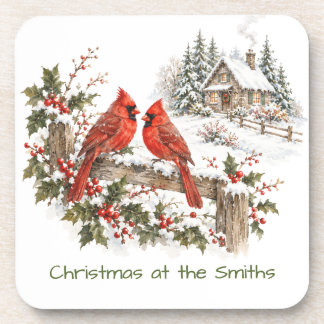 Custom Watercolor Cardinal Holiday Home Christmas Coaster