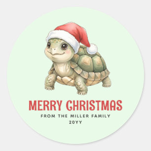 Custom Watercolor Christmas Tortoise Santa Hat Classic Round Sticker