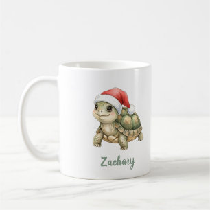 Custom Watercolor Christmas Tortoise Santa Hat Coffee Mug