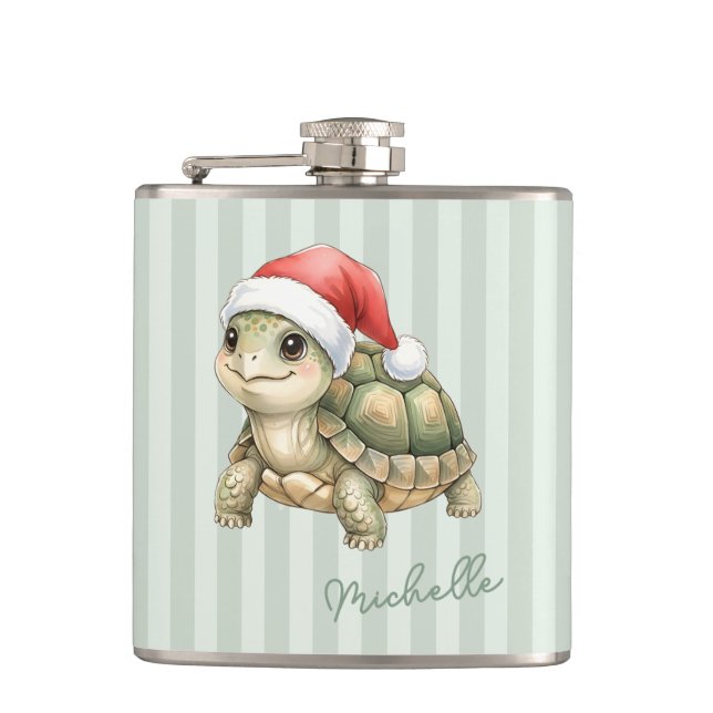 Custom Watercolor Christmas Tortoise Santa Hat Hip Flask (Front)