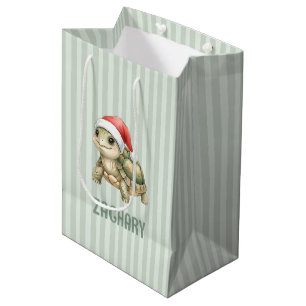Custom Watercolor Christmas Tortoise Santa Hat Medium Gift Bag