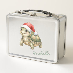 Custom Watercolor Christmas Tortoise Santa Hat Metal Lunch Box